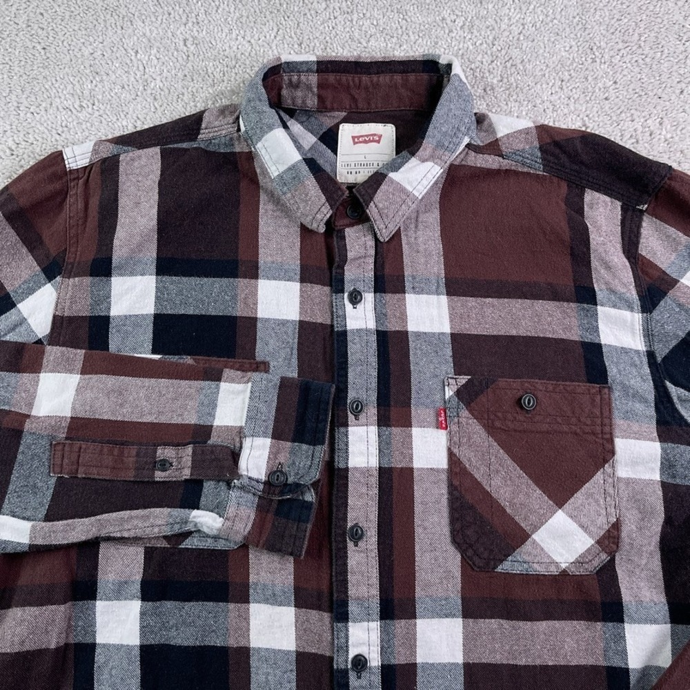 Levis Shirt Mens Large Brown Plaid Flannel‎ Button Up Outdoors Hiking Casual